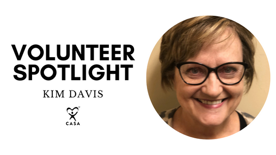 Volunteer Spotlight. Kim Davis. CASA logo. Close up.